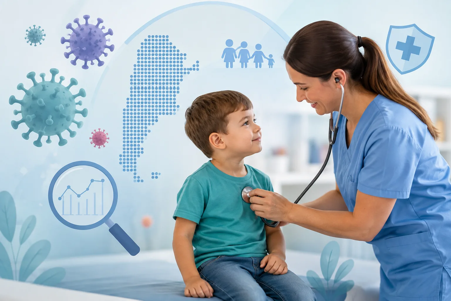 Pediatra auscultando a un niño en el consultorio, con virus respiratorios y el mapa de Argentina — Boletín Epidemiológico Nacional, Semana 28