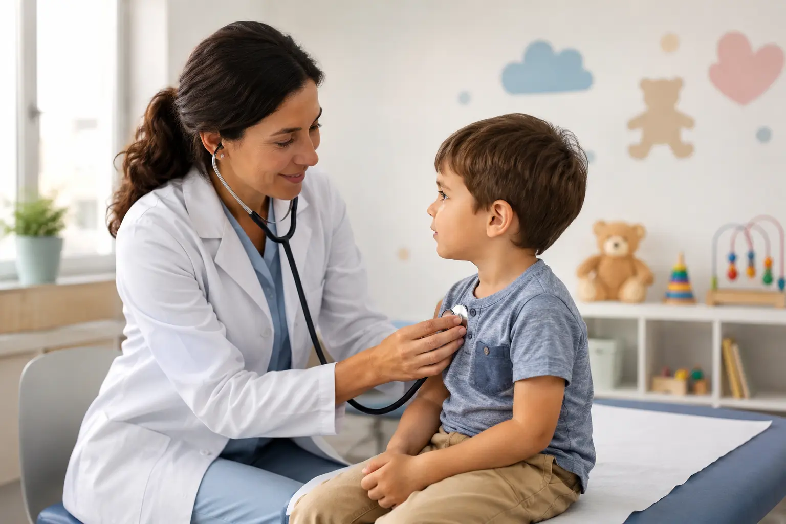 Pediatra con guardapolvo blanco y estetoscopio examinando a un niño pequeño sentado en la camilla de un consultorio pediátrico — Boletín Epidemiológico Nacional, Semana 31