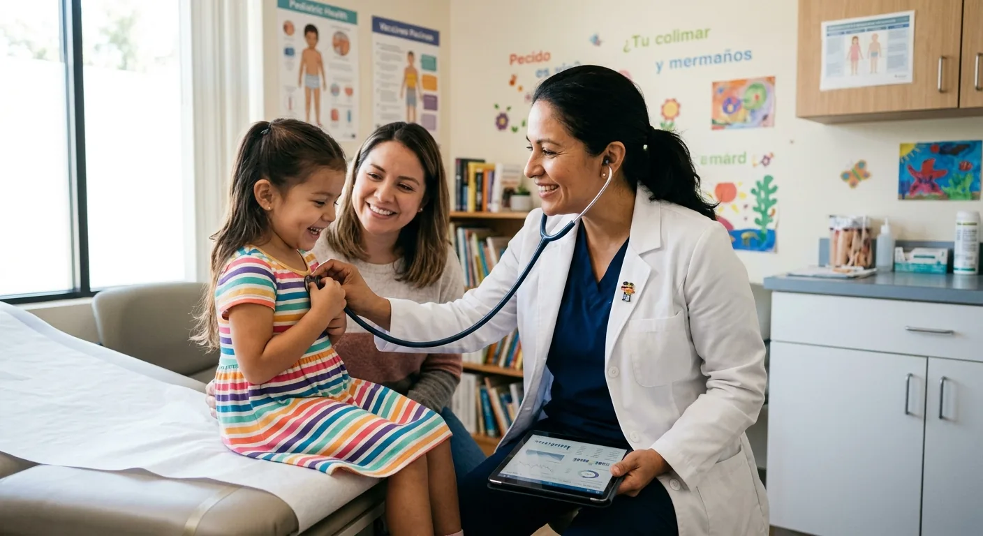 Pediatra con guardapolvo blanco auscultando con el estetoscopio a una niña pequeña sentada en la camilla, junto a su mamá, en un consultorio pediátrico — Boletín Epidemiológico Nacional, Semana 34