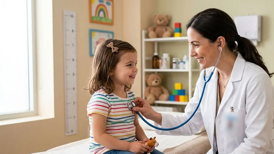 Pediatra con guardapolvo blanco auscultando con el estetoscopio a una nena sonriente sentada en la camilla, en un consultorio pediátrico — Boletín Epidemiológico Nacional, Semana 39