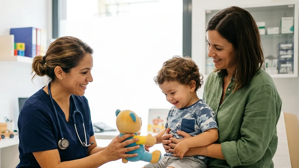 Pediatra con ambo azul marino mostrándole un osito de peluche a un nene sentado en el regazo de su mamá, en un consultorio pediátrico — Boletín Epidemiológico Nacional, Semana 37